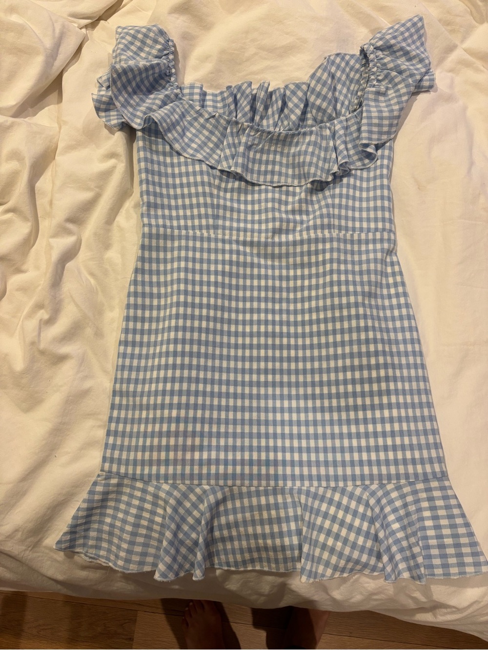 MAJORELLE Light Blue and White Gingham Ruffle Dress